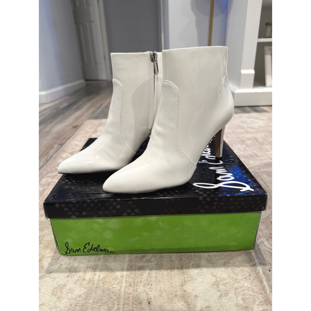 Sam Edelman Olette White Patent Ankle Boots Stiletto Pointed Toe F3510L9100 8M